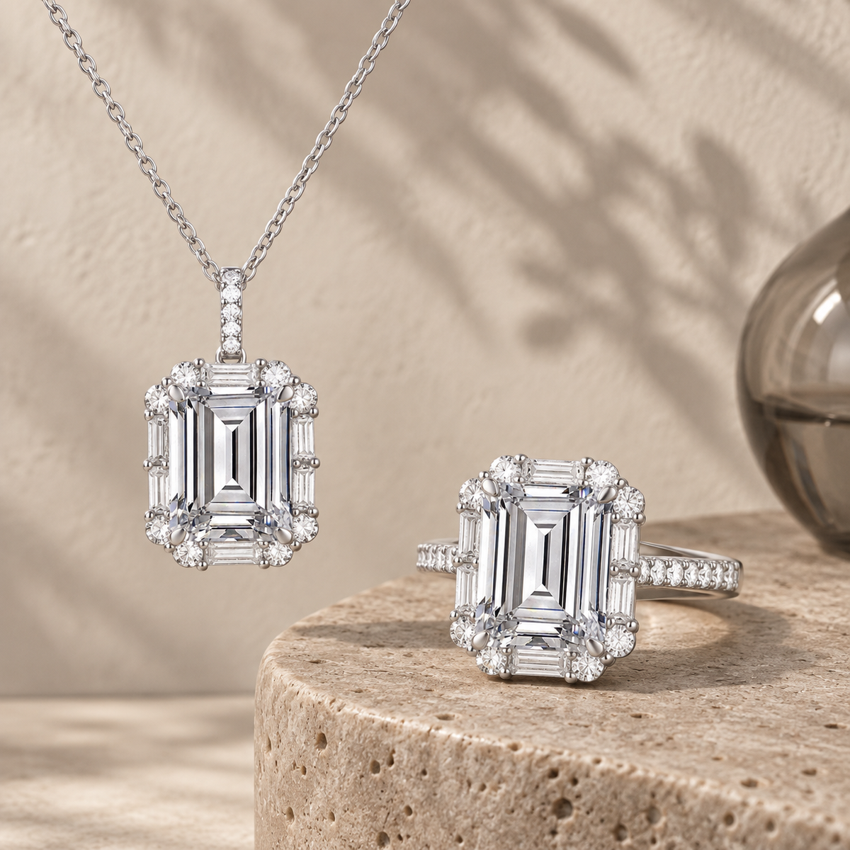Lab Created Blue or White Sapphire in Sterling Silver or Genuine Citrine in 14K Gold Plated Silver Emerald Cut 2-piece Set