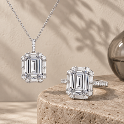 Lab Created Blue or White Sapphire in Sterling Silver or Genuine Citrine in 14K Gold Plated Silver Emerald Cut 2-piece Set