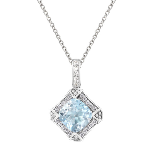 Vintage 8mm Cushion-Cut Aquamarine and 1/5 CTW Diamond Pendant in Sterling Silver