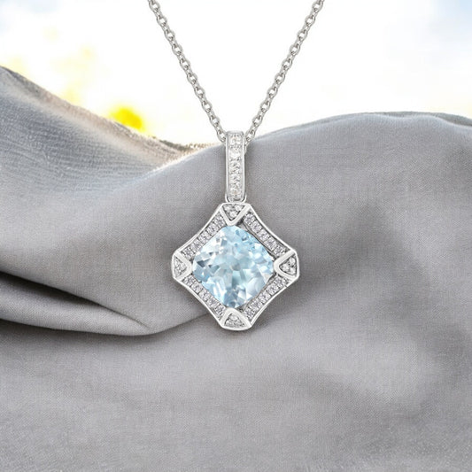 Vintage 8mm Cushion-Cut Aquamarine and 1/5 CTW Diamond Pendant in Sterling Silver