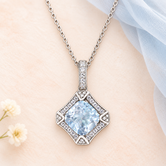 Vintage 8mm Cushion-Cut Aquamarine and 1/5 CTW Diamond Pendant in Sterling Silver
