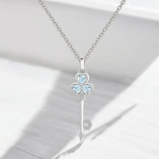 Aquamarine & Natural Diamond Accent Key Pendant in Sterling Silver
