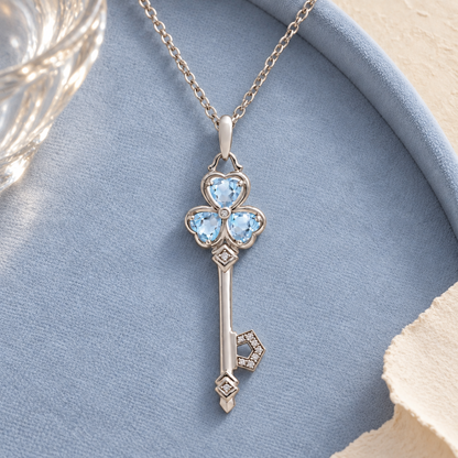 Aquamarine & Natural Diamond Accent Key Pendant in Sterling Silver