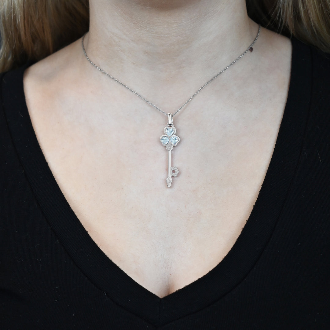 Aquamarine & Natural Diamond Accent Key Pendant in Sterling Silver