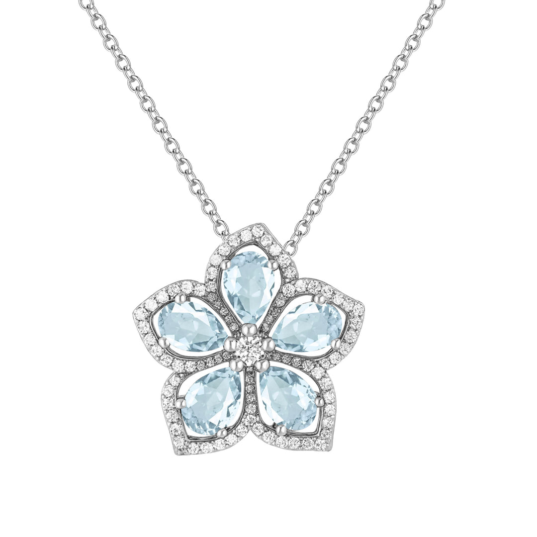 Sterling Silver Genuine Aquamarine & White Topaz Flower Pendant Necklace