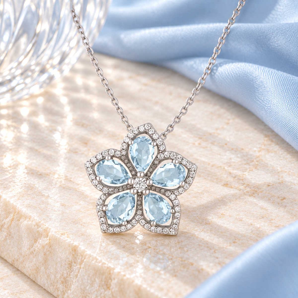 Sterling Silver Genuine Aquamarine & White Topaz Flower Pendant Necklace