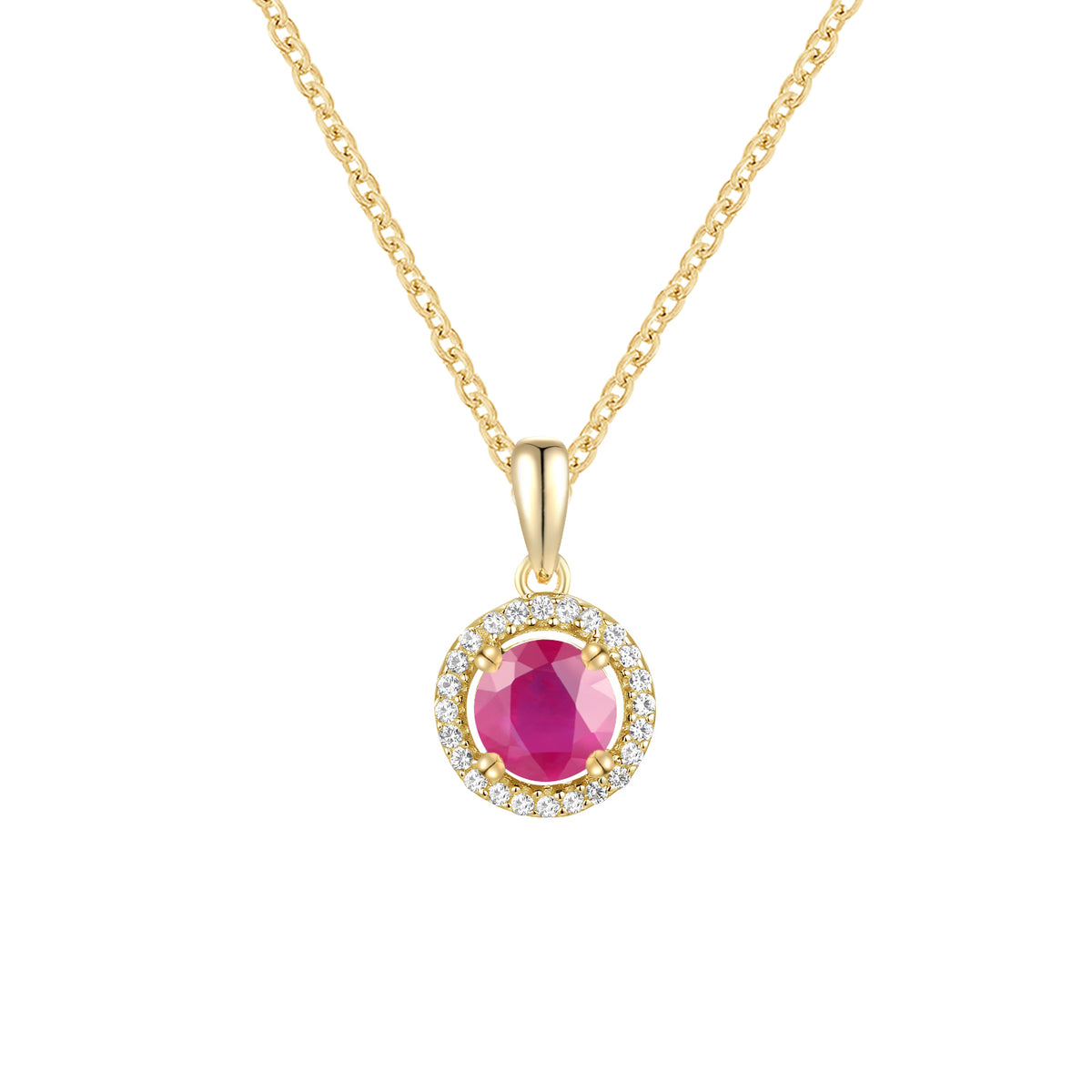 Elegant 10K Gold Pendant with Genuine Ruby and Diamonds – 5mm Stone, 18" Rope Chain