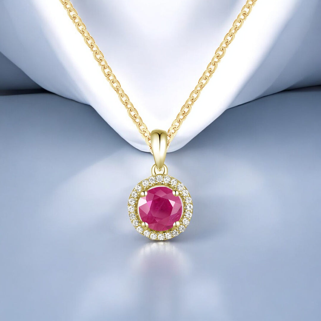 Elegant 10K Gold Pendant with Genuine Ruby and Diamonds – 5mm Stone, 18" Rope Chain