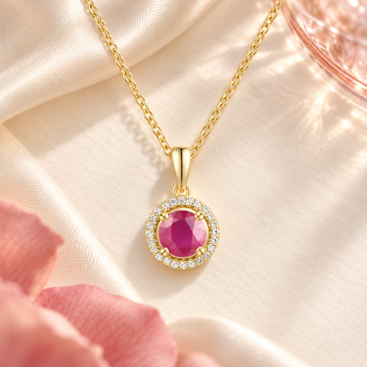 Elegant 10K Gold Pendant with Genuine Ruby and Diamonds – 5mm Stone, 18" Rope Chain