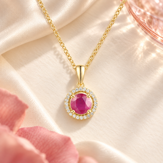 Elegant 10K Gold Pendant with Genuine Ruby and Diamonds – 5mm Stone, 18" Rope Chain