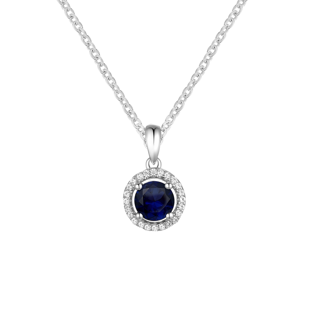 Elegant 10K White Gold Pendant with Genuine Sapphire and Diamonds – 5mm Stone, 18" Rope Chain