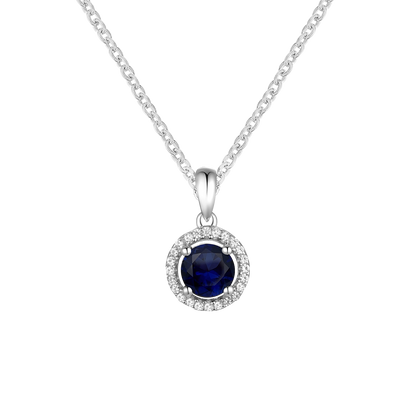 Elegant 10K White Gold Pendant with Genuine Sapphire and Diamonds – 5mm Stone, 18" Rope Chain