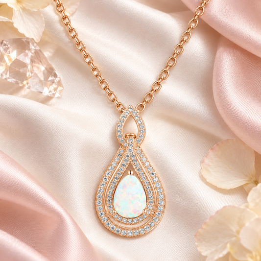 Sterling Silver Lab Created Opal & White Sapphire Teardrop Pendant Necklace