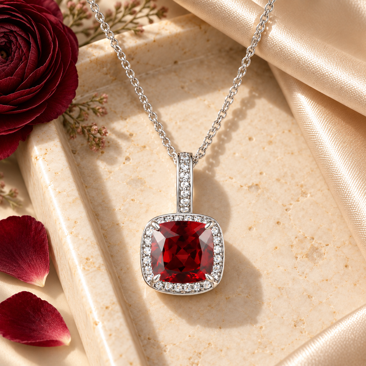 10K Genuine Garnet Cushion Cut Pendant with 18" Chain