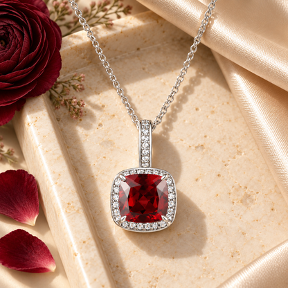 10K Genuine Garnet Cushion Cut Pendant with 18" Chain