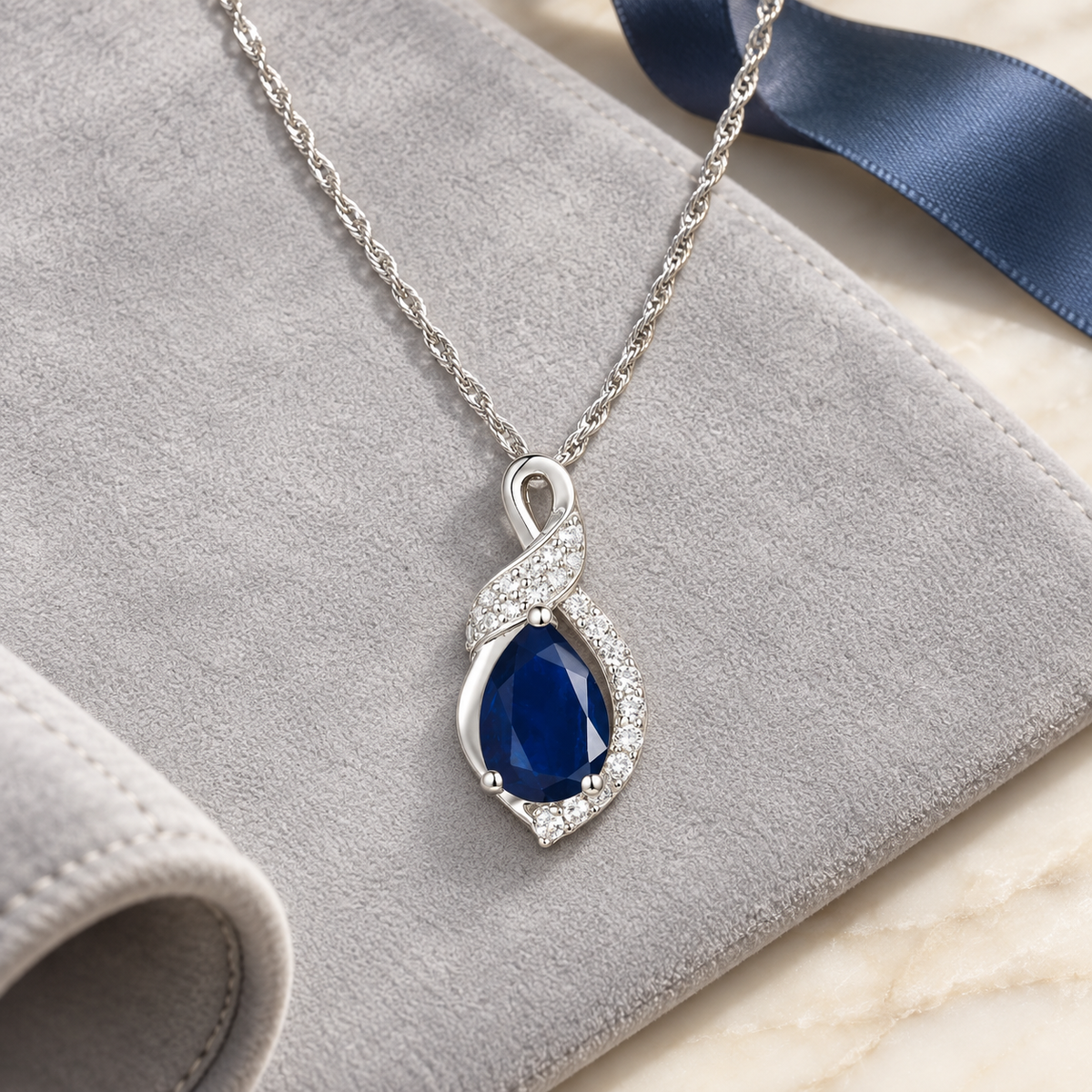 10K Genuine Gemstone & 1/10 ct tw Diamond Pear Ribbon Pendant with 18" Chain