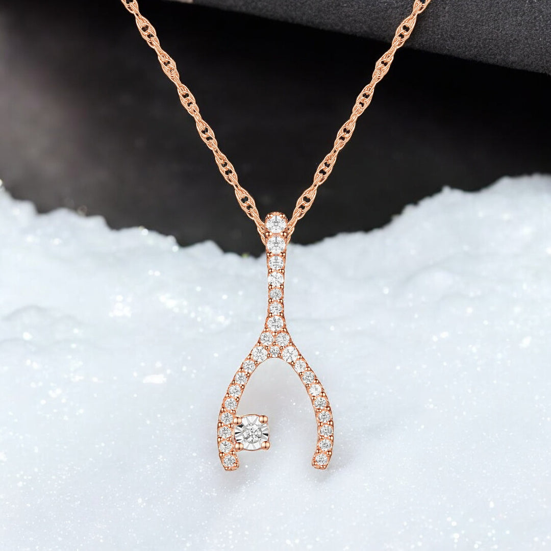 Wishbone Diamond Pendant: Natural Round Diamonds in Sterling Silver, 18'' Available in 14K White, Yellow, or Rose Gold Plating (1/5 cttw)