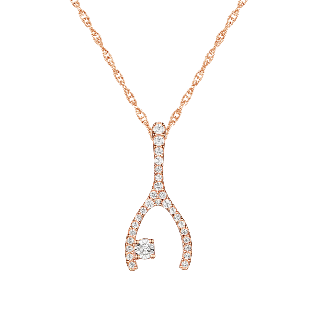 Wishbone Diamond Pendant: Natural Round Diamonds in Sterling Silver, 18'' Available in 14K White, Yellow, or Rose Gold Plating (1/5 cttw)