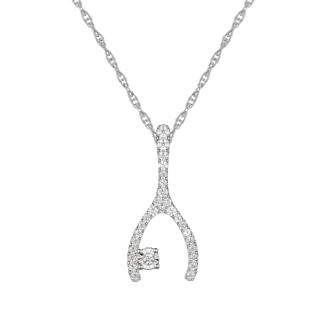 Wishbone Diamond Pendant: Natural Round Diamonds in Sterling Silver, 18'' Available in 14K White, Yellow, or Rose Gold Plating (1/5 cttw)