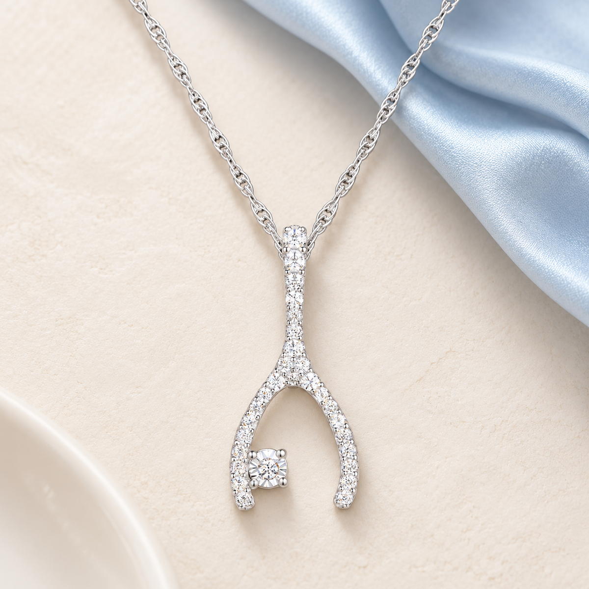 Wishbone Diamond Pendant: Natural Round Diamonds in Sterling Silver, 18'' Available in 14K White, Yellow, or Rose Gold Plating (1/5 cttw)
