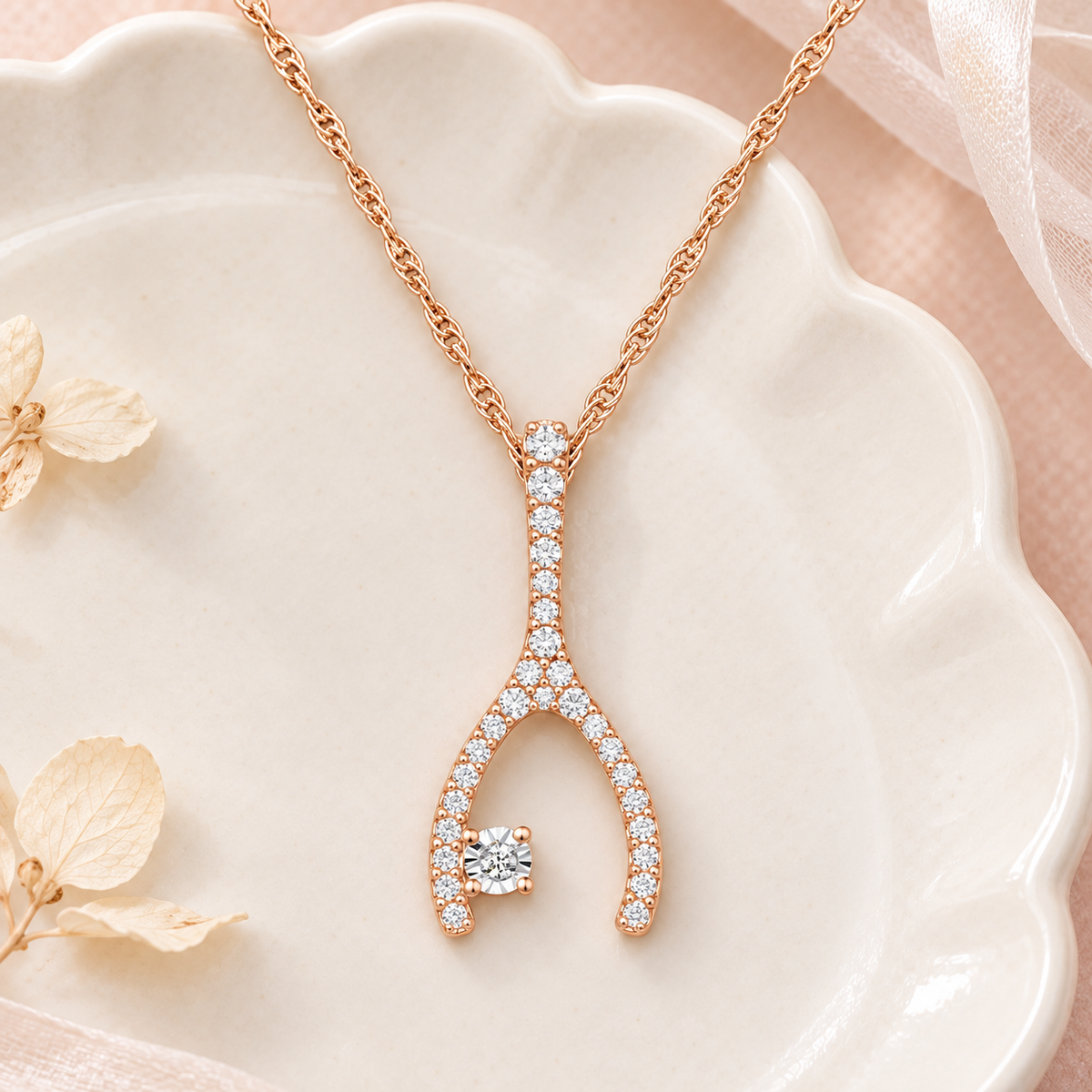 Wishbone Diamond Pendant: Natural Round Diamonds in Sterling Silver, 18'' Available in 14K White, Yellow, or Rose Gold Plating (1/5 cttw)