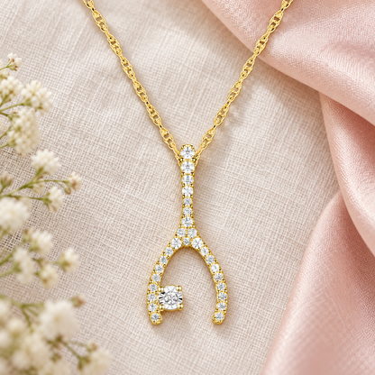 Wishbone Diamond Pendant: Natural Round Diamonds in Sterling Silver, 18'' Available in 14K White, Yellow, or Rose Gold Plating (1/5 cttw)