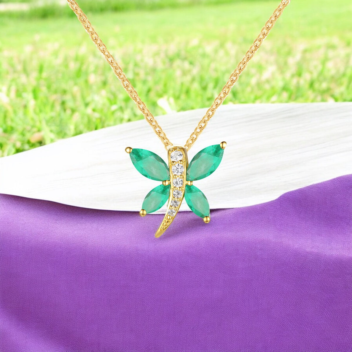 10K Genuine Gemstone & Diamond Accent Dragonfly Pendant with 18" Chain