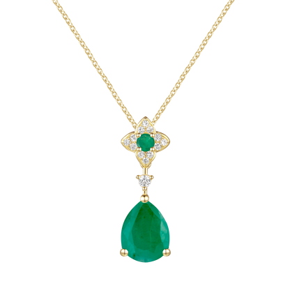 10K Genuine Emerald & 1/15 ct tw Diamond Pear Drop Pendant with 18" Chain