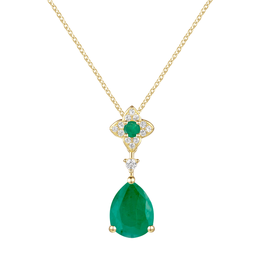 10K Genuine Emerald & 1/15 ct tw Diamond Pear Drop Pendant with 18" Chain