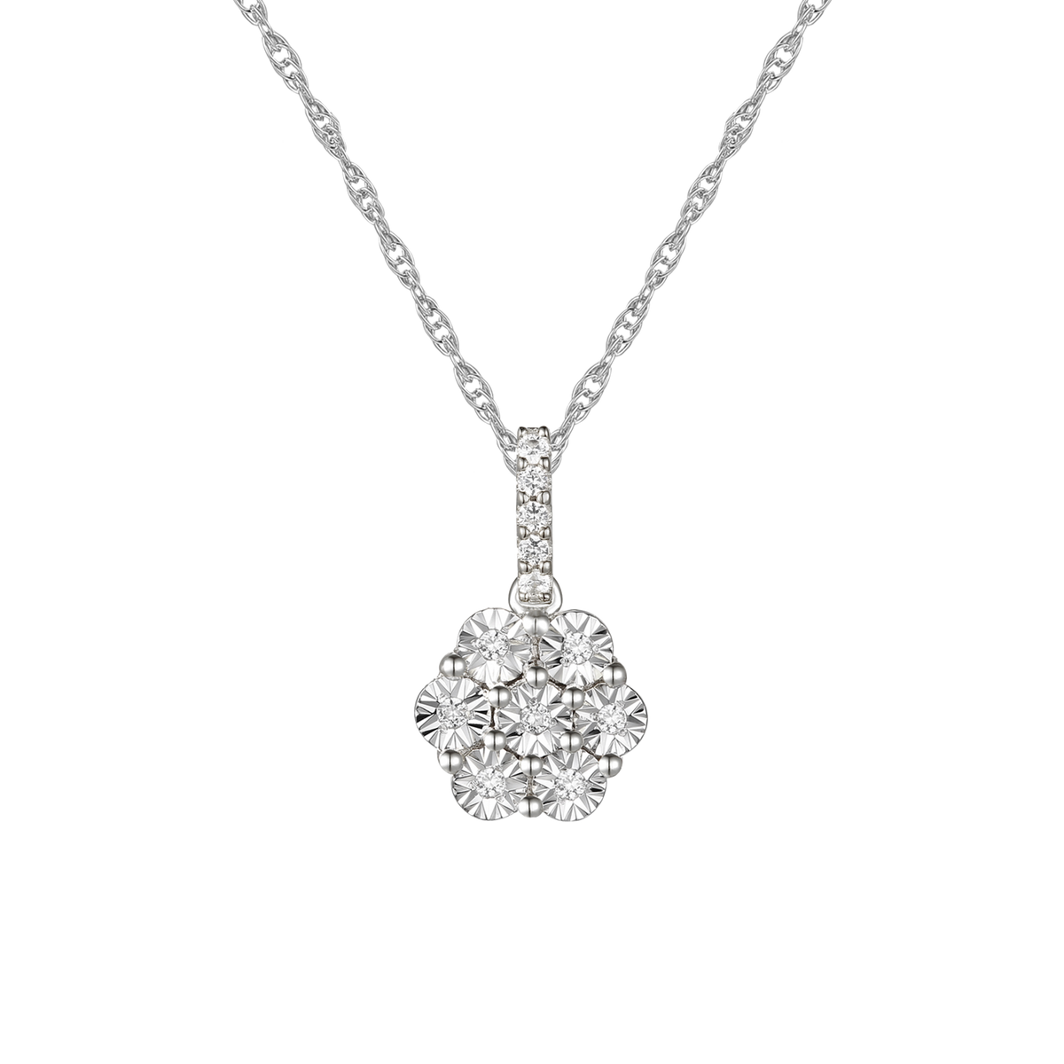 Sterling Silver 1/10 ct tw Diamond Flower Pendant with-18" Chain