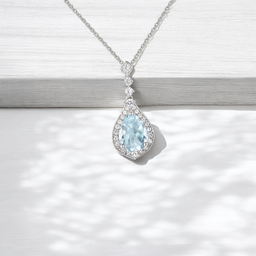 Sterling Silver 8X6 Pear-Cut Aquamarine and White Sapphire Pendant