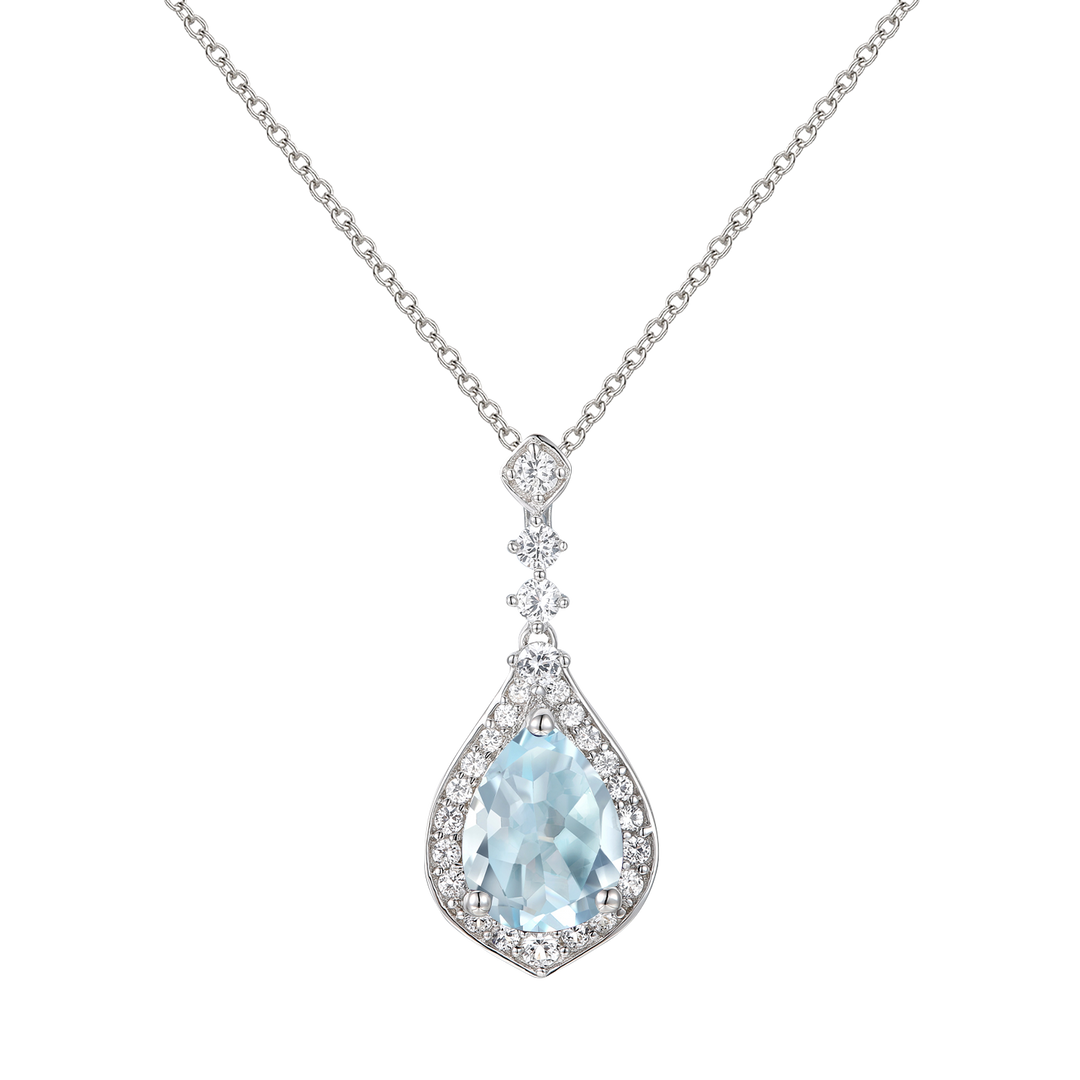 Sterling Silver 8X6 Pear-Cut Aquamarine and White Sapphire Pendant