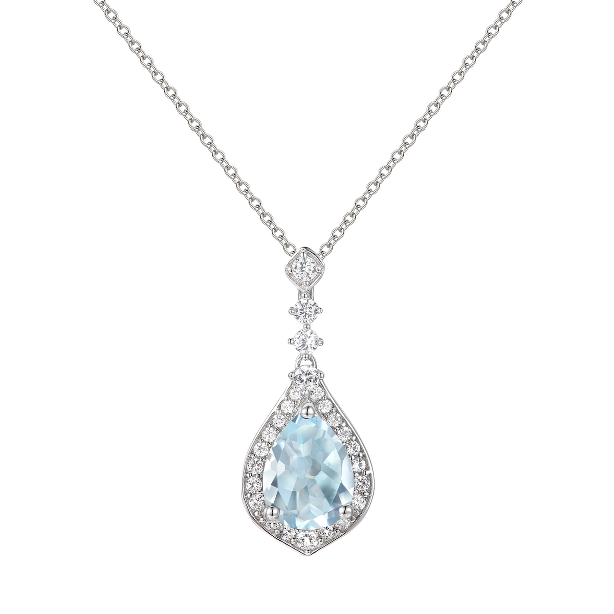 Sterling Silver 8X6 Pear-Cut Aquamarine and White Sapphire Pendant
