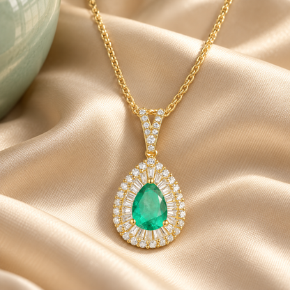 10K Genuine Emerald & 3/8 ct tw Diamond Pear Drop Pendant with 18" Chain - view 2