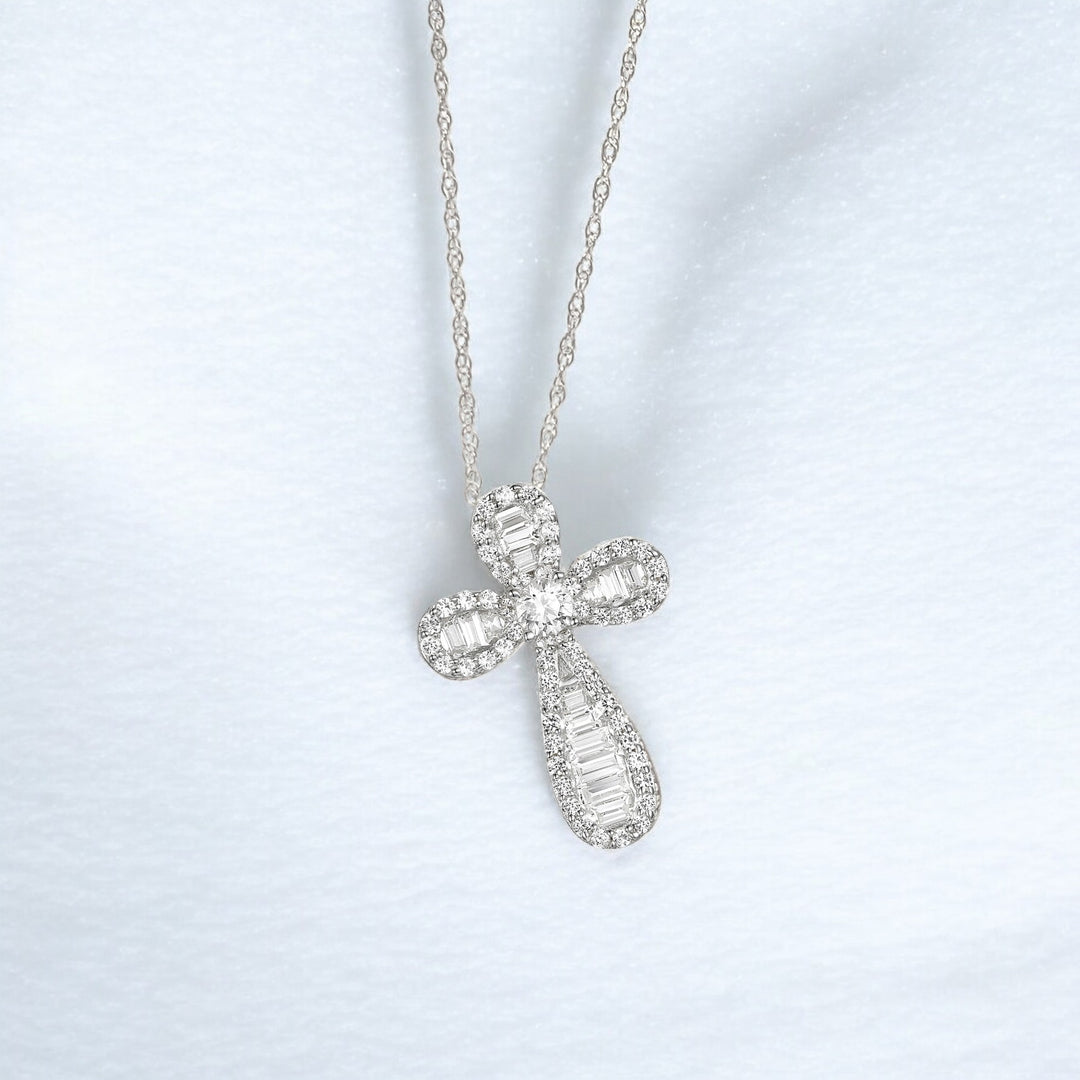 10K White Gold 1/2ct tw Diamond Baguette Cross Pendant with 18" Chain