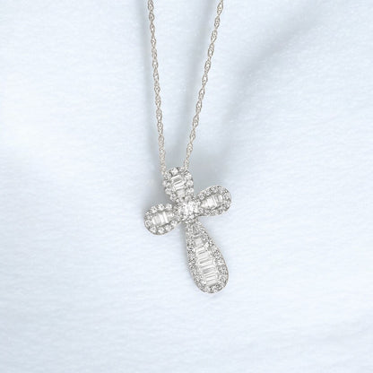 10K White Gold 1/2ct tw Diamond Baguette Cross Pendant with 18" Chain