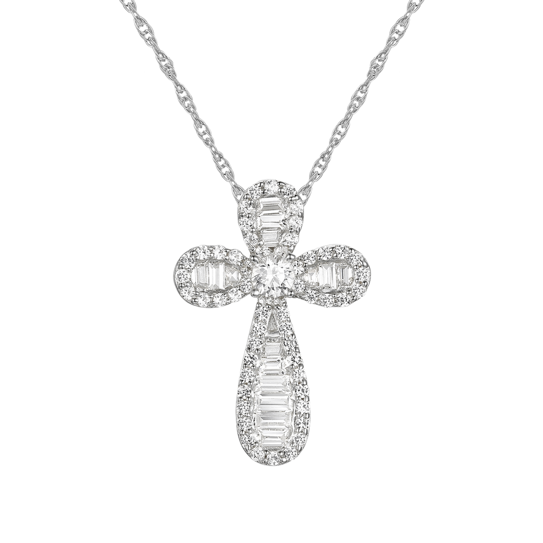 10K White Gold 1/2ct tw Diamond Baguette Cross Pendant with 18" Chain