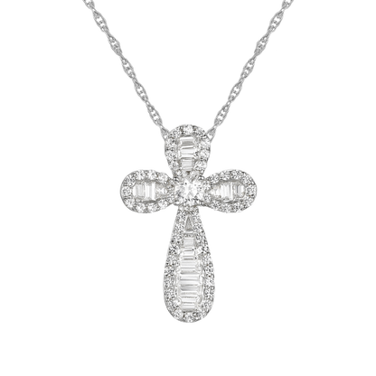 10K White Gold 1/2ct tw Diamond Baguette Cross Pendant with 18" Chain