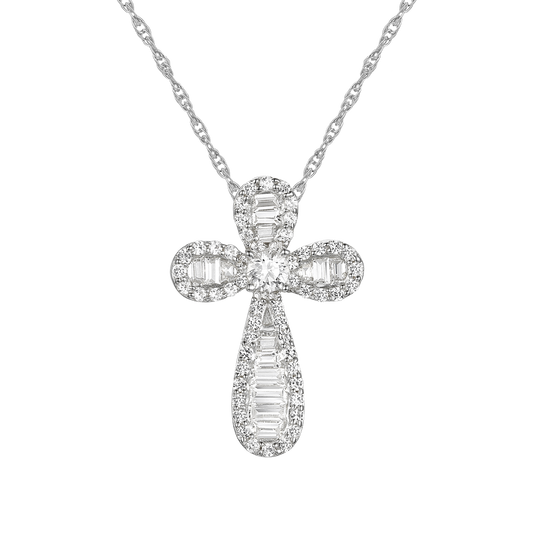 10K White Gold 1/2ct tw Diamond Baguette Cross Pendant with 18" Chain