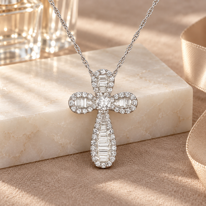 10K White Gold 1/2ct tw Diamond Baguette Cross Pendant with 18" Chain
