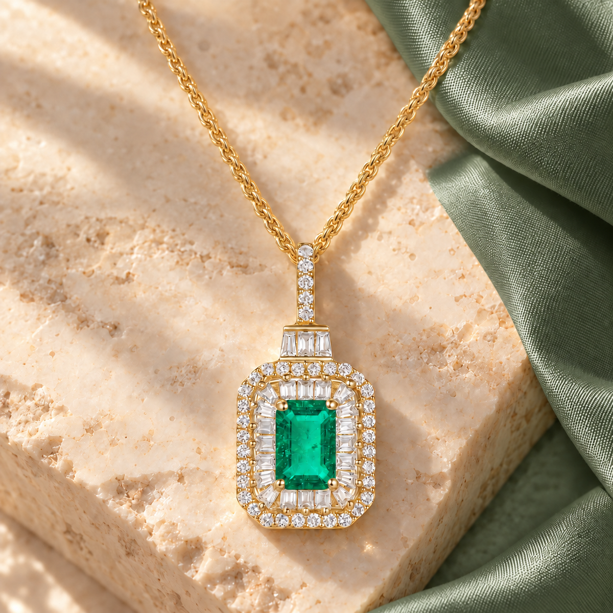 10K Genuine Gemstone & 1/3 ct tw Diamond Emerald Cut Pendant with 18" Chain