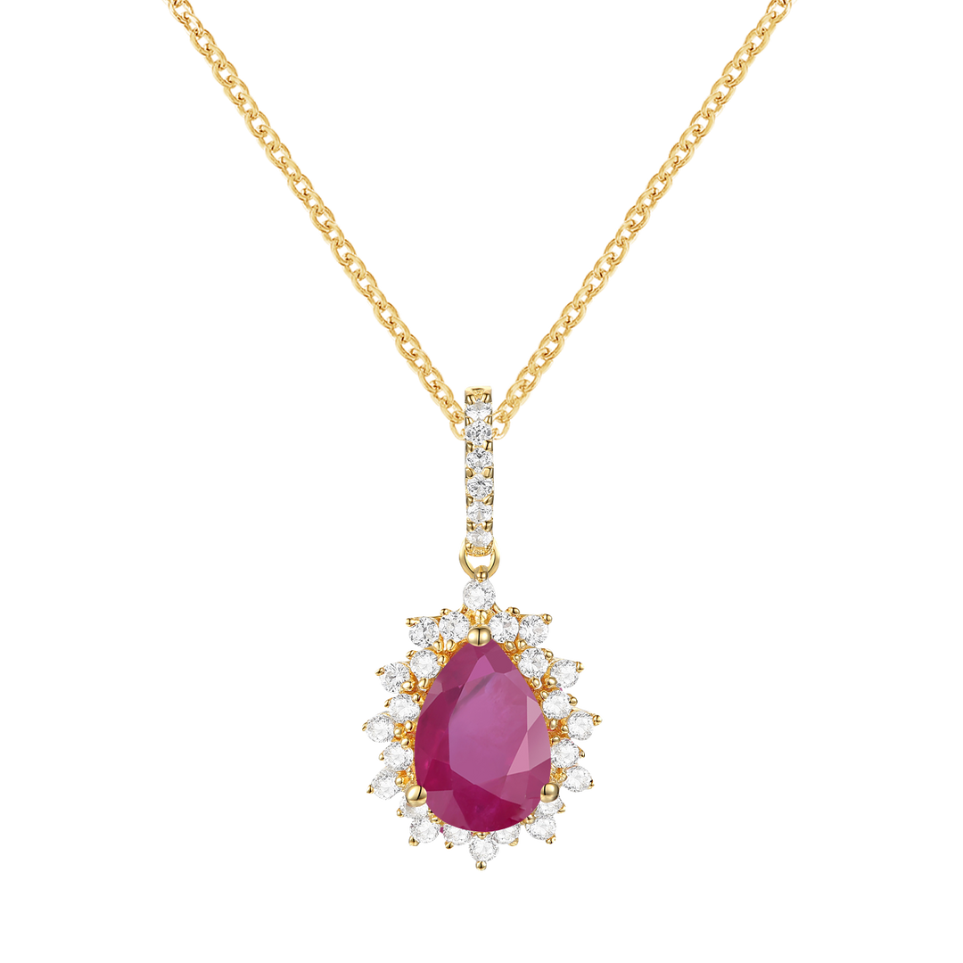 10K Genuine Gemstone & 1/6 ct tw Diamond Pear Halo Pendant with 18" Chain