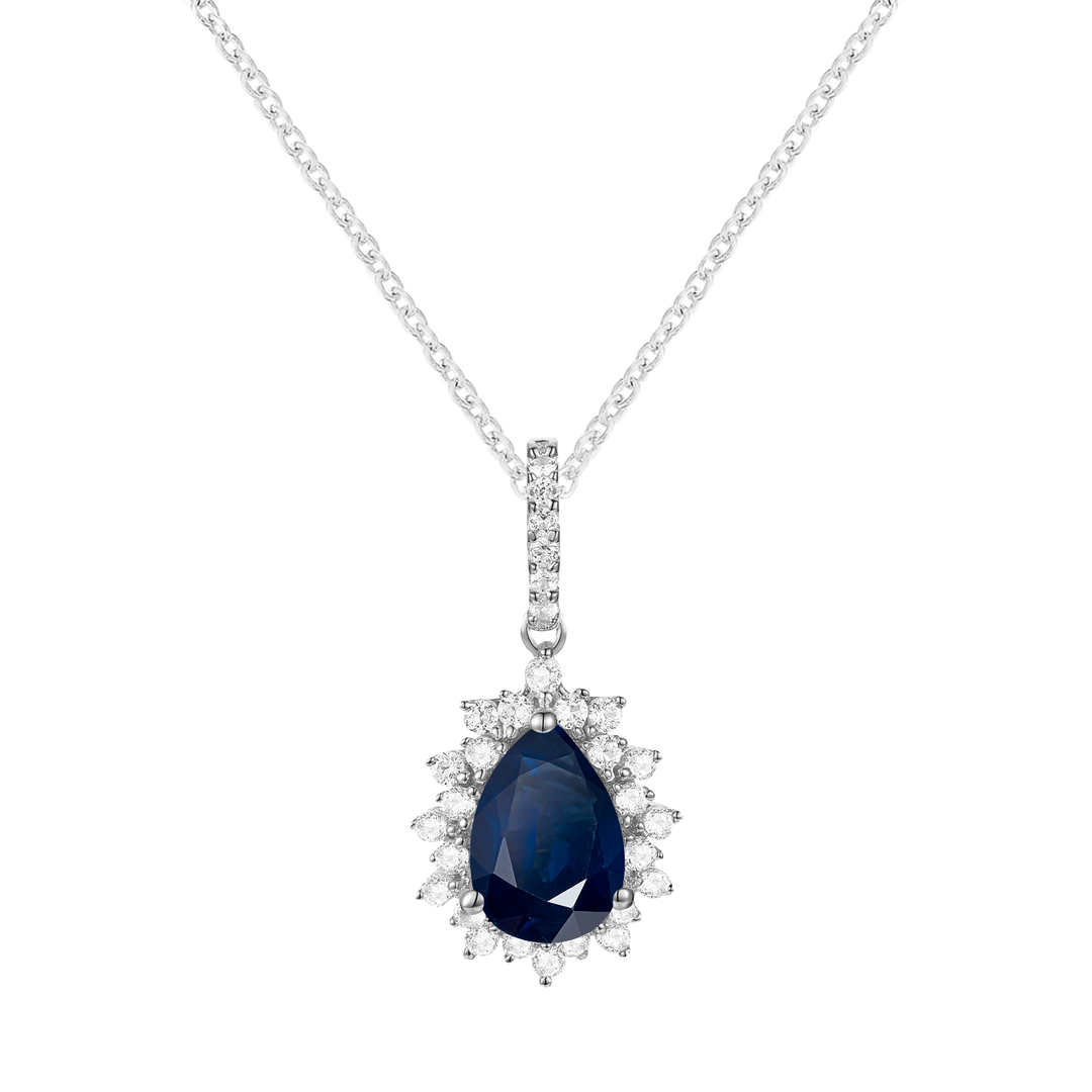 10K Genuine Gemstone & 1/6 ct tw Diamond Pear Halo Pendant with 18" Chain