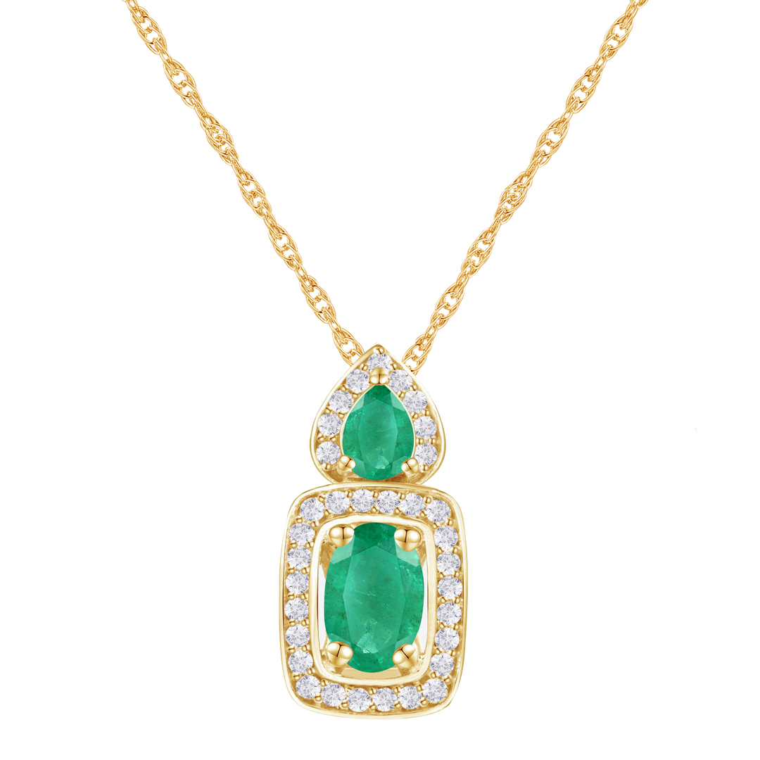 Elegant 10k Yellow Gold Pendant Necklace with Genuine Emeralds and Diamonds 1/8 ct tw