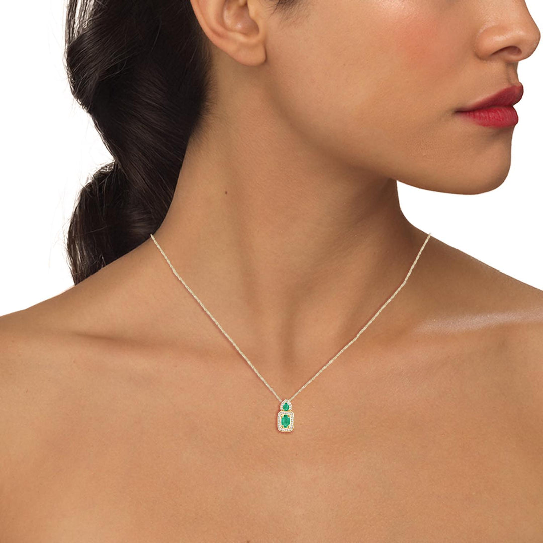 Elegant 10k Yellow Gold Pendant Necklace with Genuine Emeralds and Diamonds 1/8 ct tw