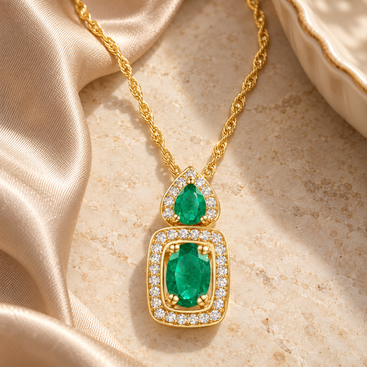 Elegant 10k Yellow Gold Pendant Necklace with Genuine Emeralds and Diamonds 1/8 ct tw - view 2