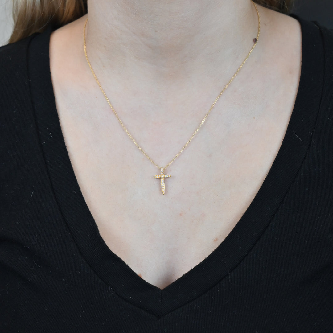 14K Yellow Gold over Sterling Silver 1/8 ct tw Diamond Cross Pendant with 18" Chain (I-I2)