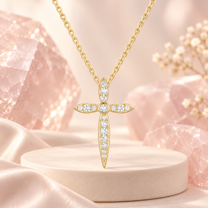 14K Yellow Gold over Sterling Silver 1/8 ct tw Diamond Cross Pendant with 18" Chain (I-I2)
