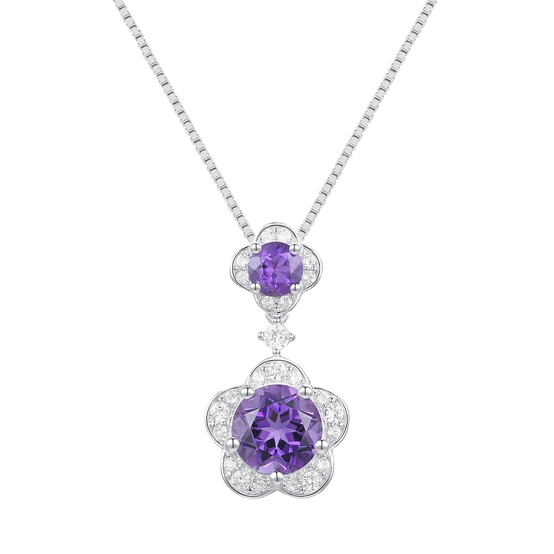 Sterling Silver Genuine Amethyst or Lab Created Opal & White Sapphire Flower Pendant Necklace