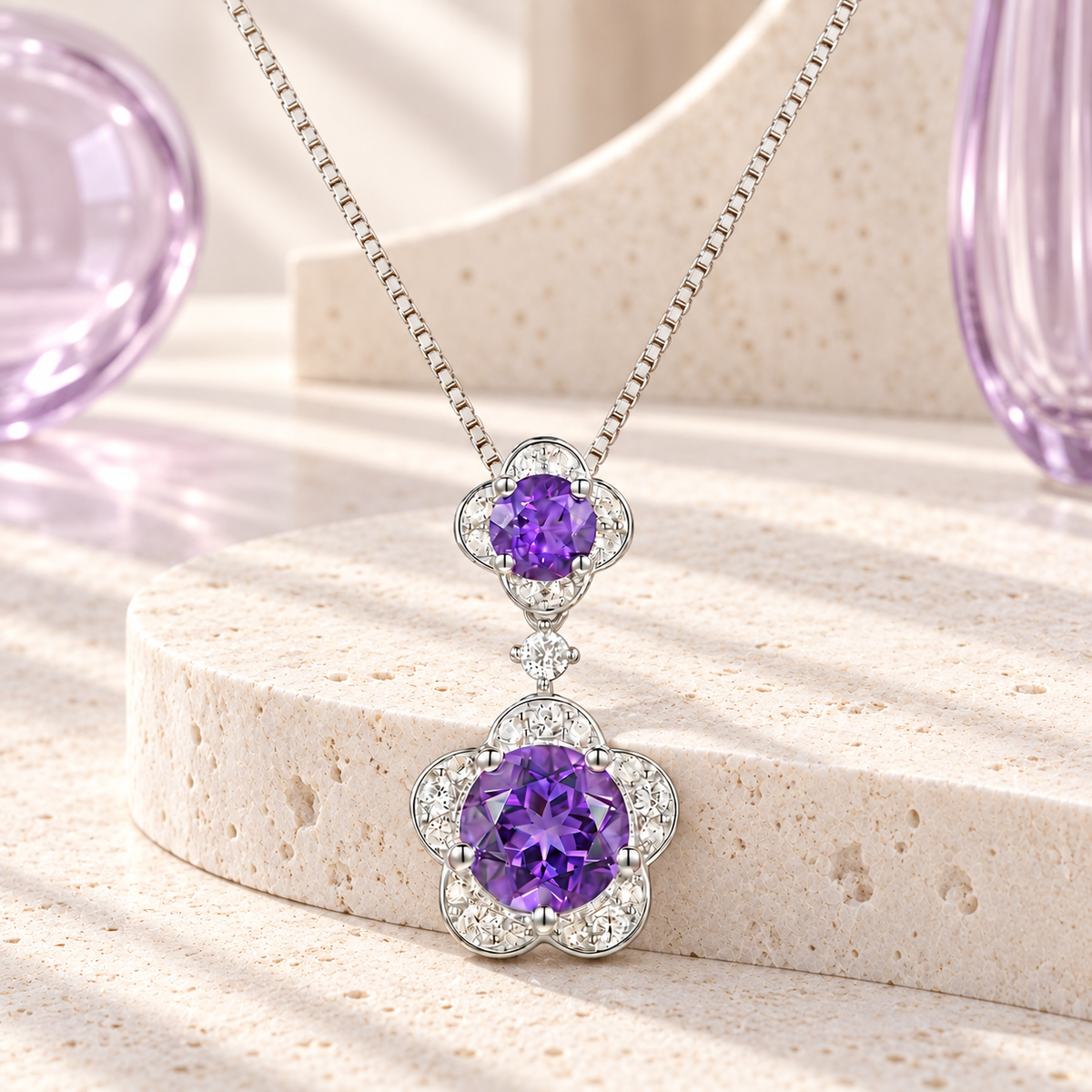 Sterling Silver Genuine Amethyst or Lab Created Opal & White Sapphire Flower Pendant Necklace